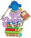 Octopus teacher on pile of books - vector illustration.