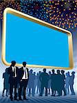 People are standing in front of a large blank billboard, fireworks in the background, conceptual business illustration.