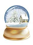 3D render of snow globe with village house and firtree