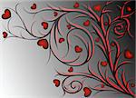 Red and black vegetative pattern with hearts on gradient background