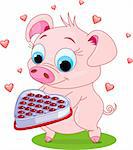 Cute little piglet holding a heart shape valentine box of chocolates