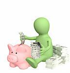 3d puppet who is saving money in piggy bank