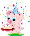 Piglet  holding birthday cake, smiling. Vector illustration