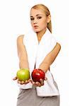 Portfait of Sporty beautiful girl holding two apples