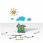 Vector - Child or kids drawing of a house, home. Crayons are scattered around the paper.