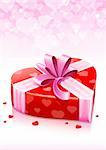 red heart box with ribbon valentines greeting card background - vector illustration