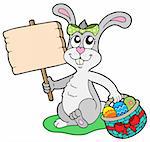 Easter bunny with wooden sign - vector illustration.