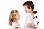 Little boy giving a rose to a girl - isolated