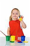Happy little painter girl smiling and waving - isolated