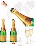 Detailed vector. Champagne bottle, glasses, cork, splashing champagne, grapes leaves