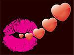 Love kisses, hearts flying from lipstick print.