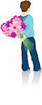A character illustration of  boy surprising a girl with a bunch if flowers, vector