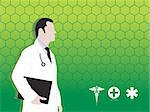 doctor having medical report and medical icons, green vector wallpaper