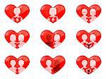 Set of heart-shaped icons of different types of modern families.  Graphics are grouped and in several layers for easy editing. The file can be scaled to any size.