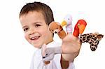 Happy boy playing and showing his finger puppets - isolated