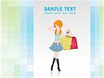 excited woman holding shopping bags on nice background, vector illustration