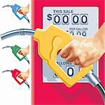 Vector hand, refueling hose in four colors and gas station counters