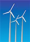 Wind power plants on sky background blue color