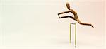 3D image of a wooden mannequin jumping over a pencil-made hurdle