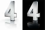 3d rendering of the number 4 in brushed metal on a white and black reflective floor.