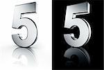 3d rendering of the number 5 in brushed metal on a white and black reflective floor.