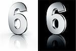 3d rendering of the number 6 in brushed metal on a white and black reflective floor.