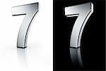 3d rendering of the number 7 in brushed metal on a white and black reflective floor.