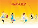 group of five shopping girls on the background, vector illustration