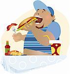 A vector cartoon of a big boy having unhealthy meal