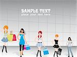 vector illustration, group of five shopping girls
