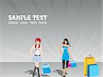 vector illustration, group of two shopping girls