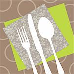 Invitation or menu card for a restaurant with silhouette cutlery on napkins and retro tablecloth