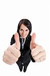 businesswoman showing thumbs up on white background