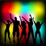 Silhouettes of people dancing on colourful background