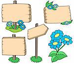 Wooden tables with flowers collection - vector illustration.