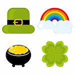 Set of icons for St. Patrick's day (hat, rainbow, clover leaf, pot). Vector illustration.