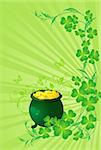 St. patrick's day background with pot of gold and Four Leaf Clover