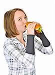 Teenage girl holding a big hamburger isolated on white background