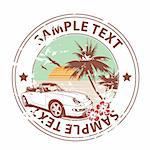 Grungy summer design with palms, flying seagulls, flowers, car and with a detached place for sample texts.