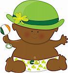 A baby dressed in a diaper and bowler hat with shamrocks