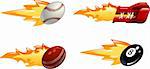 A glossy shiny flaming sport icon set. Baseball ball, boxing glove, cricket ball and black pool eight ball flying fast through the air with flames and fire shooting out the back