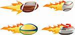 A glossy shiny sport icon set with flames and fire. American football ball, baseball ball, rugby ball and curling stone flying fast through the air with flames and fire jetting out the back