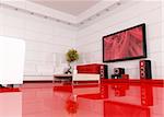 red and white living room with home theater , the image on tv screen is a my image - rendering