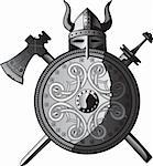 Helmet, sword, axe and Shield of Vikings. Vector illustration