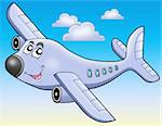 Cartoon airplane on blue sky - color illustration.