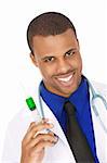African American doctor holding a syringe