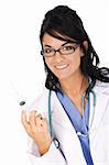 Beautiful Caucasian woman doctor holding a syringe