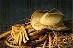 Straw hat with gloves on a bale of hay in barn