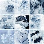 Beautiful collage of nine wedding motifs in blue tone