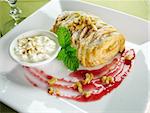 Delicious fresh baked plaited apple pie with walnuts and creamed cottage cheese.